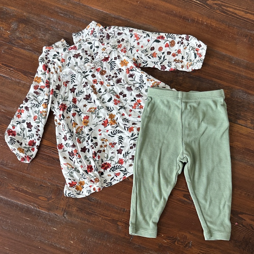 Floral Long Sleeve Top and Green Leggings Set